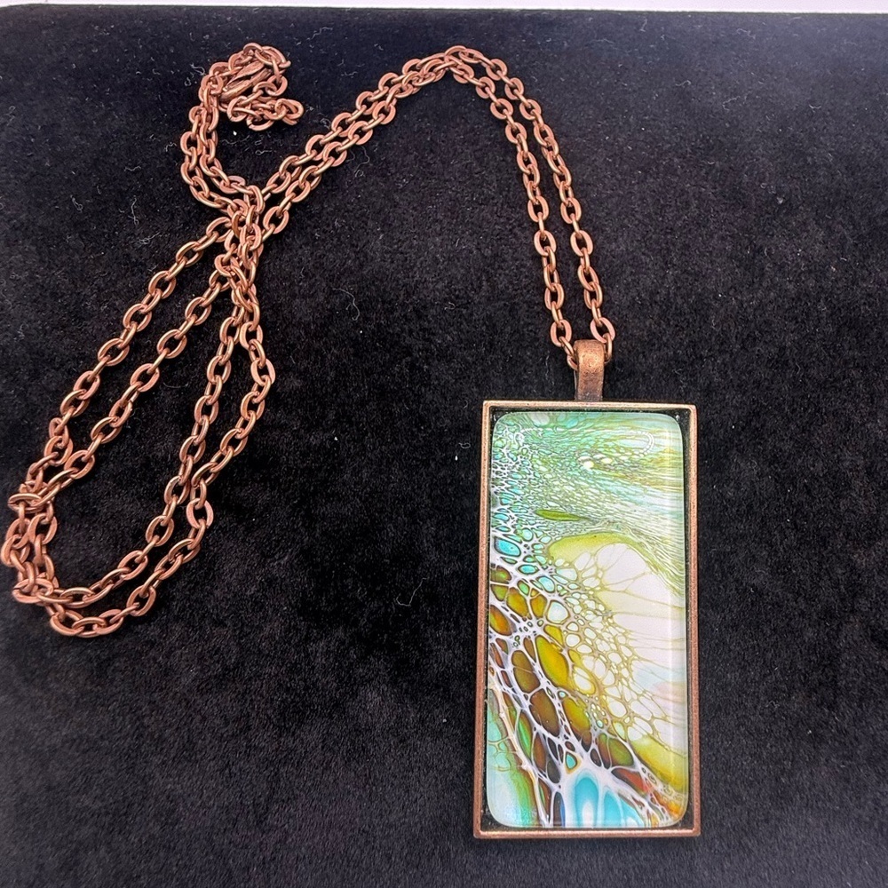 Copper Tone Rectangular Art Glass Pendant Necklace 23” Chain 2.25” Pendant